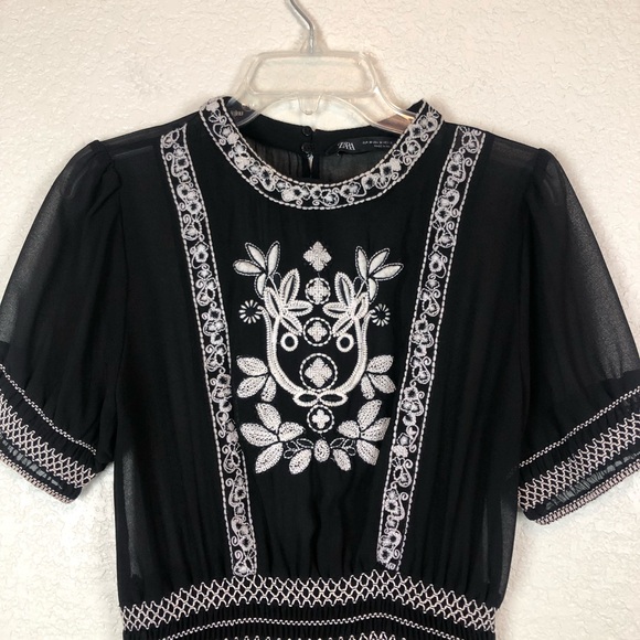 ZARA Embroidered Sheer Black Mini Dress Women’s Babydoll Style Size Medium - Picture 4 of 11